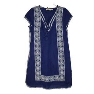 Vineyard Vines Linen Dress Sz 2 Embroidered V Neck Navy Blue White Cap Sleeves